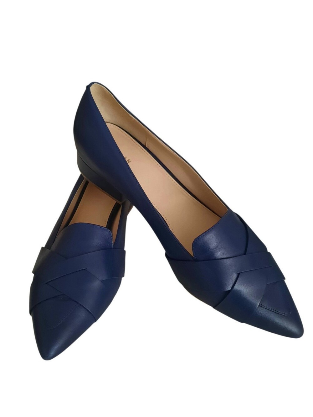 COLE HAAN Navy Camila Skimmer Pointed-Toe Woven Detail Leather Flats Sz 11B